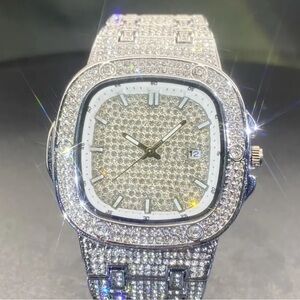 Silver Iced Out Luxury Watch with Crystal Embellishments